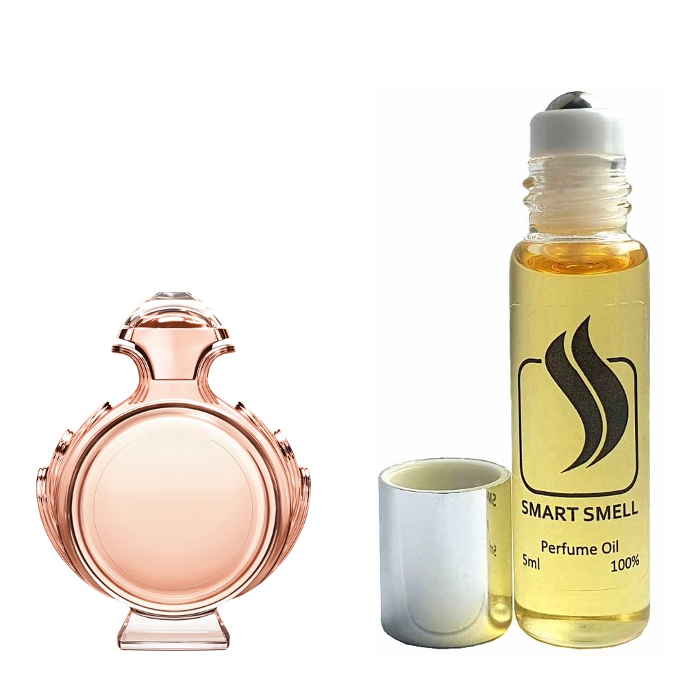 Масляные духи 5 мл c аналогом Paco Rabanne, Olympea. Товар на фото справа, слева – пример оригинального флакона.