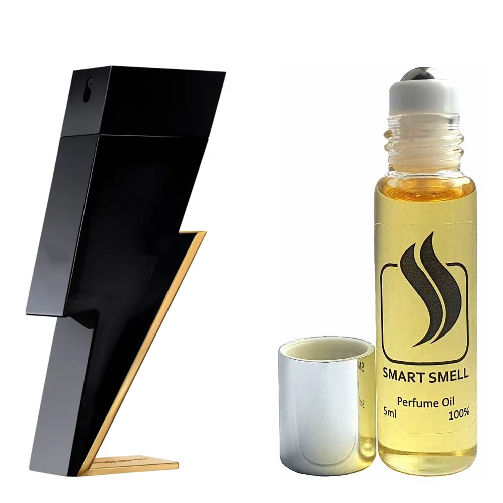 Масляные духи 5 мл c аналогом Carolina Herrera, Bad Boy. Товар на фото справа, слева – пример оригинального флакона.