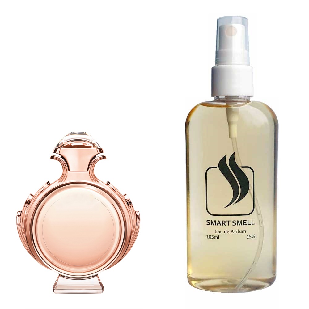 Парфюмерная вода 105 мл c аналогом Paco Rabanne, Olympea. Товар на фото справа, слева – пример оригинального флакона.