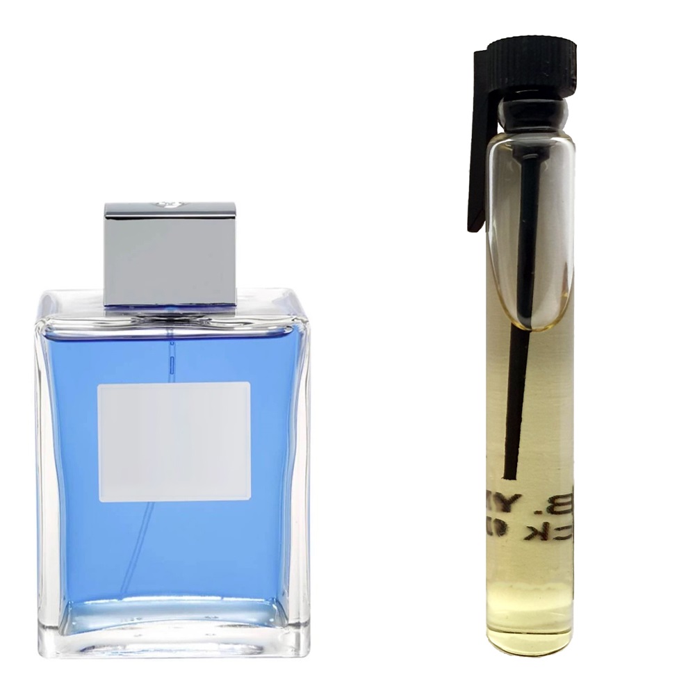 Пробник духів 3 мл з аналогом Antonio Banderas, Blue Seduction. Товар на фото праворуч, ліворуч - приклад орігінального флакону.