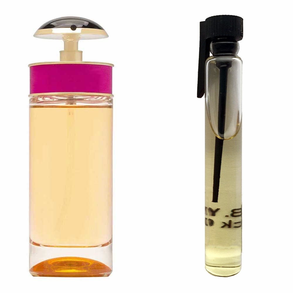 Пробник духів 3 мл з аналогом Prada, Prada Candy. Товар на фото праворуч, ліворуч - приклад орігінального флакону.