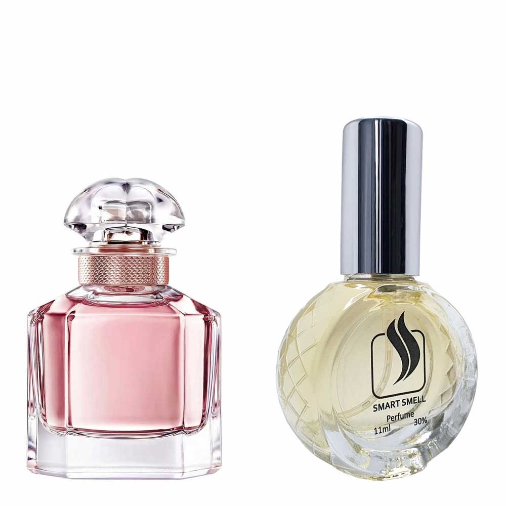 Духи со спреем 11 мл c аналогом Guerlain, Mon Guerlain. Товар на фото справа, слева – пример оригинального флакона.