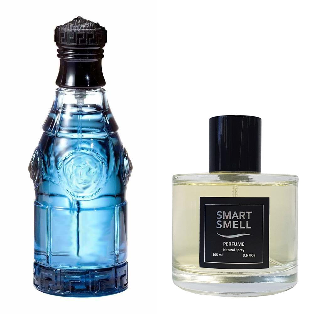 Духи у склі 105 мл з аналогом Versace, Blue Jeans. Товар на фото праворуч, ліворуч - приклад орігінального флакону.